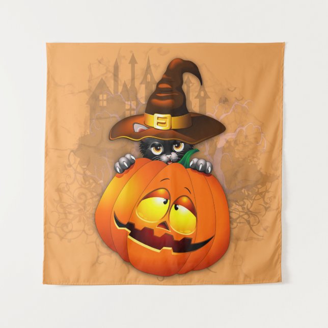 Tapete De Parede Halloween Cute Kitty Witch and Pumpkin Friend   (Frente)