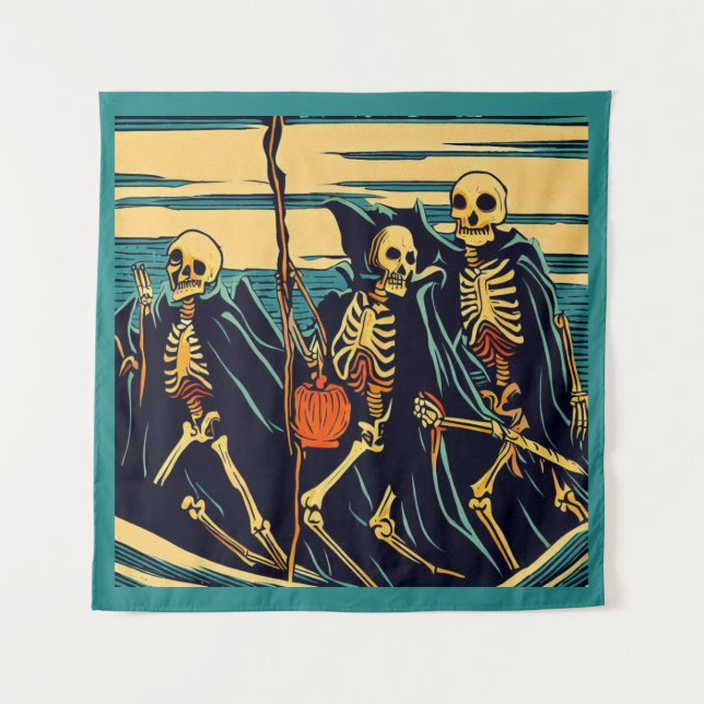 Tapete De Parede Halloween - Skeletons Woodcut 3 (Frente)