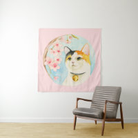 Hanami | Calico Cat e Cherry Blossom Watercolor
