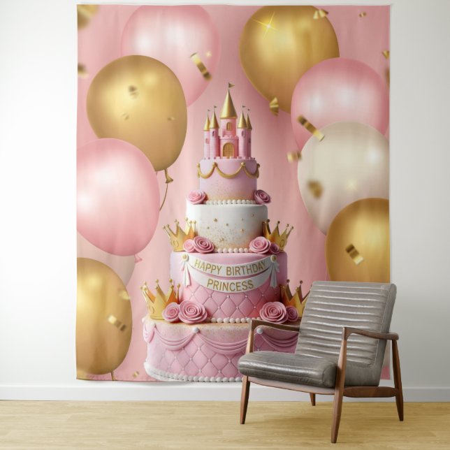 Tapete De Parede Happy Birthday Cake Princess Castle Banner (In Situ)