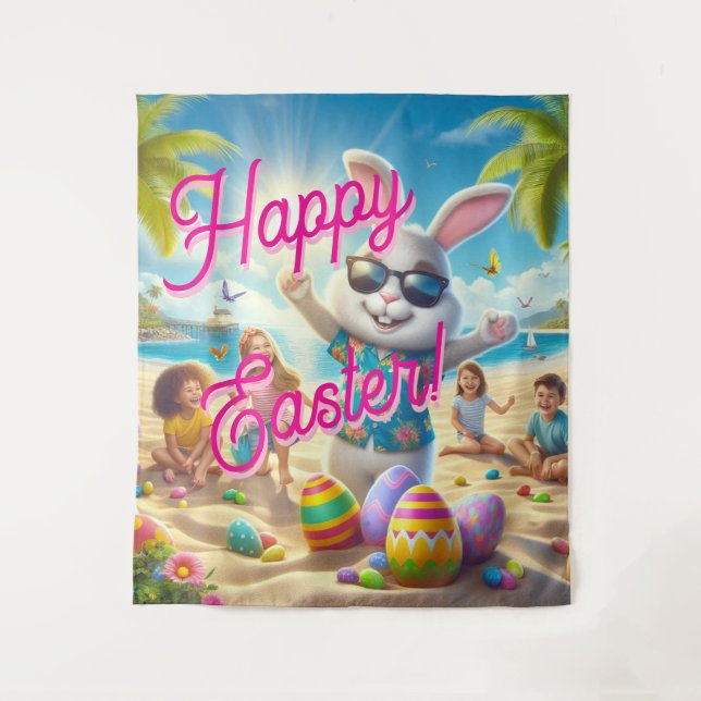 Tapete De Parede Happy Easter Easter Bunny on Beach Tapestry (Frente)