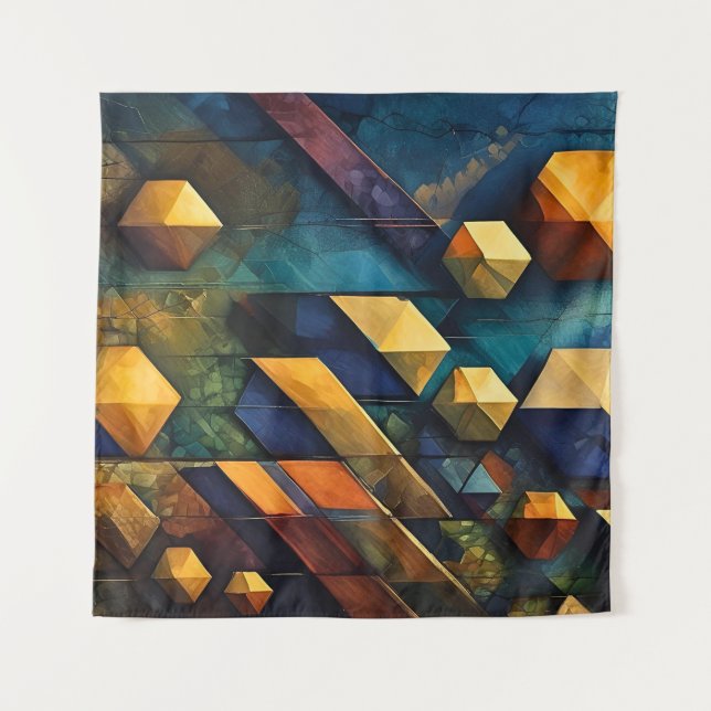 Tapete De Parede Harmonia Geométrica: Cubos Abstratos em Dourado e  (Frente)