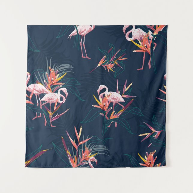 Tapete De Parede Hawaii Tropical Flamingo com Pássaro do Paraíso Fl (Frente)