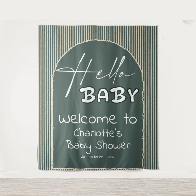 Tapete De Parede Hello Baby Dark Green Stripes Baby Shower Backdrop (Frente)