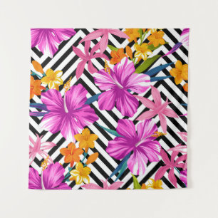 Tapete De Parede hibisco tropical, palmeiras, geométrico.