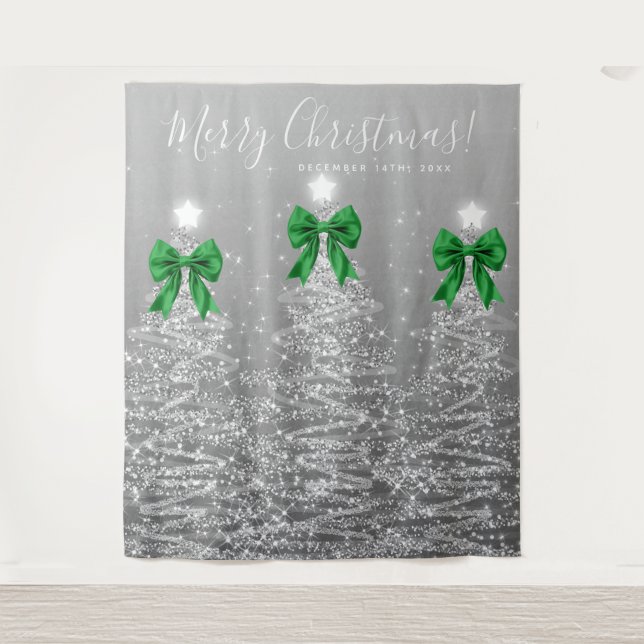 Tapete De Parede Holiday Backdrop Silver Christmas Trees Green Bows (Frente)