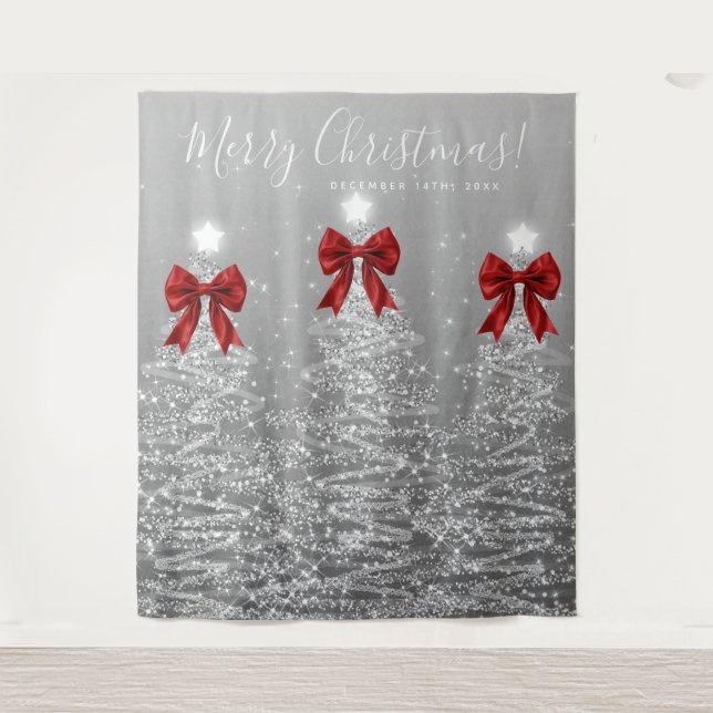 Tapete De Parede Holiday Backdrop Silver Christmas Trees Red Bows (Frente)