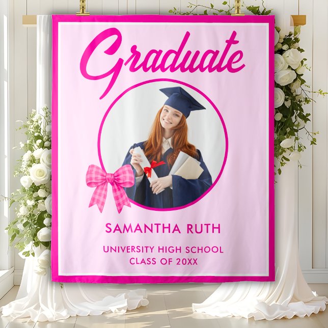Tapete De Parede Hot Pink Gingham Bow Photo Graduation Backdrop (Criador carregado)