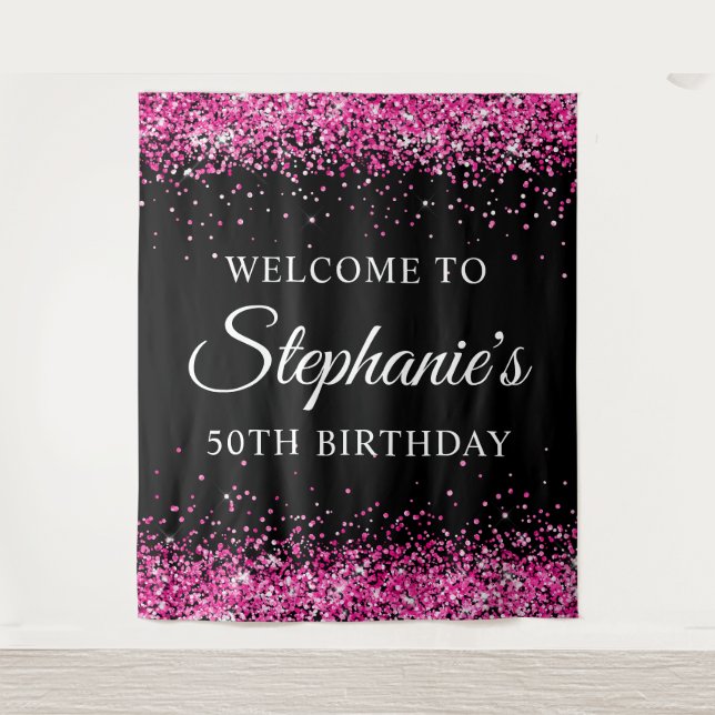 Tapete De Parede Hot Pink Glitter Black 50th Birthday Welcome (Frente)