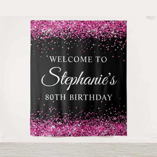 Tapete De Parede Hot Pink Glitter Black 80th Birthday Welcome (Frente)