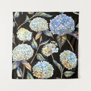 Tapete De Parede Hydrangea Watercolor Azul: Padrão Escuro Sem Costu