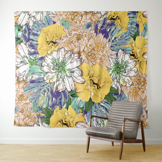Tapete De Parede Ilustração Cinzenta Floral Amarela e Verde Trendy (In Situ (Horizontal))