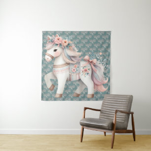 Tapete De Parede Ilustração de Cavalo Fantasia Pastel Floral