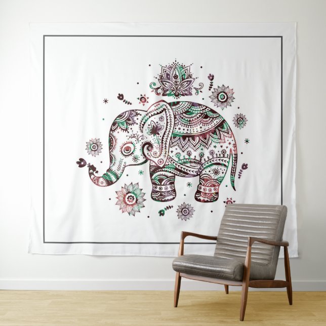 Tapete De Parede Ilustração de elefante floral tribal bonito (In Situ (Horizontal))