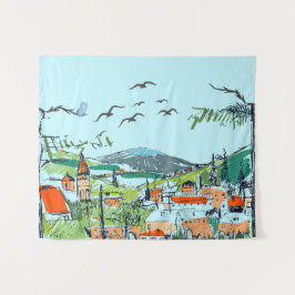 Tapete De Parede Ilustração de Paisagem de Aldeia Caprichosa