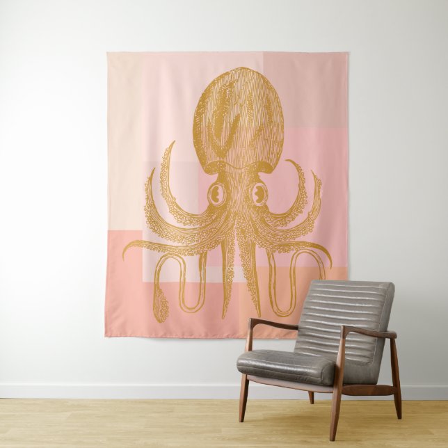 Tapete De Parede Ilustração de polvo bonito a rosa e Dourado (In Situ)