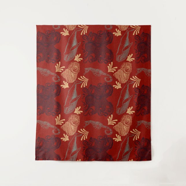 Tapete De Parede Ilustração do Monstro do Octopus Marítimo Vermelho (Frente)