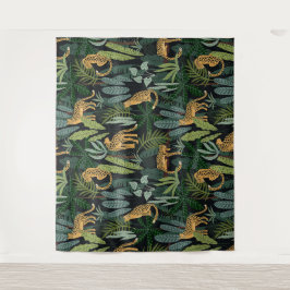 Tapete De Parede Ilustração Floresta Selva Leopardo Sem Costura Per