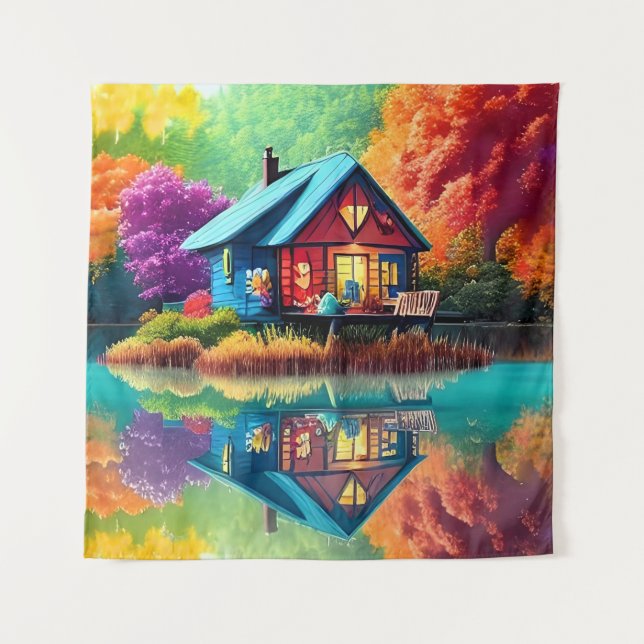 Tapete De Parede Ilustração paisagística com lago de algodão (Frente)