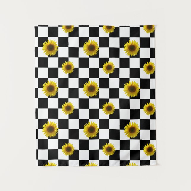 Tapete De Parede Impressão preto e branco Checkered & do girassol (Frente)
