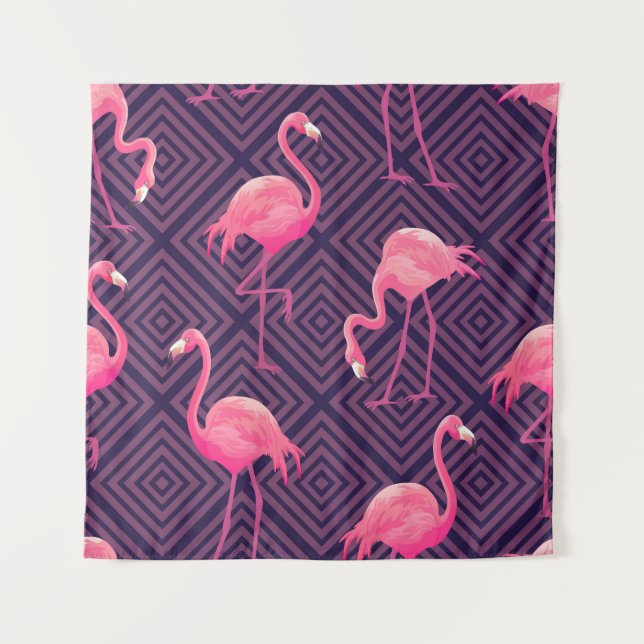 Tapete De Parede Inflamingos, fundo geométrico roxo. (Frente)