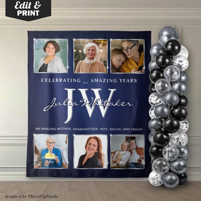 Tapete De Parede Iniciais Personalizadas Banner Azul Prata de Anive (Custom Initials Birthday Banner Blue Silver Tapestry)