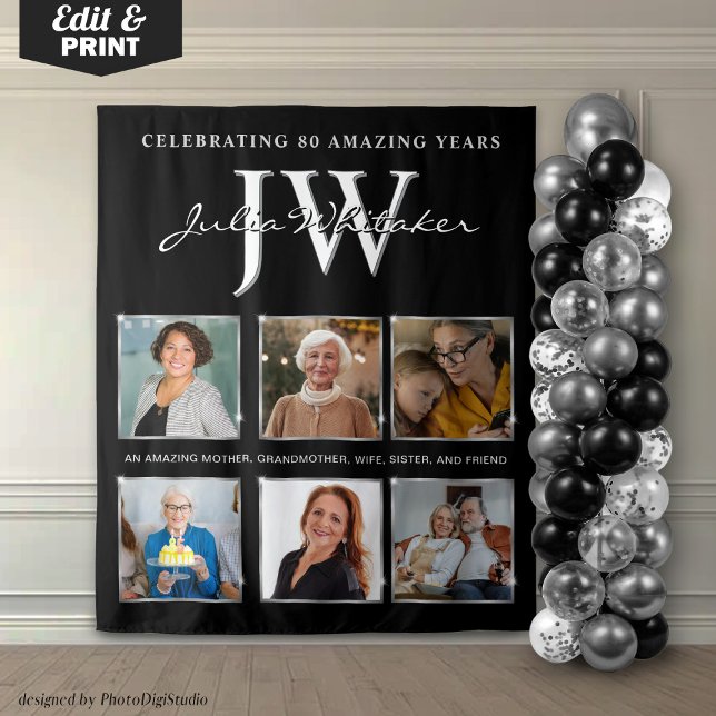 Tapete De Parede Inicial Silver Personalizado Aniversário Fundo e F (Silver Initials Custom Birthday Backdrop and Photo)