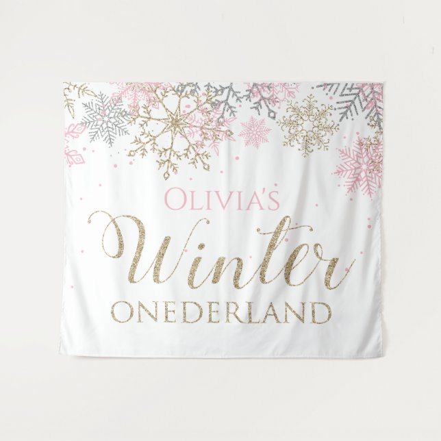 Tapete De Parede Inverno Onederland Menina Rosa Primeiro Aniversári (Frente (Horizontal))