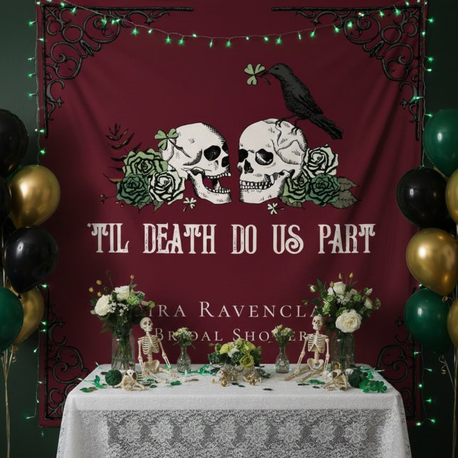 Tapete De Parede Irish Til Death Burgundy Gothic Skulls Backdrop (Burgundy Gothic Til Death Do Us Part Irish Bridal Shower Backdrop. Vintage Skulls, Flowers, Shamrock)