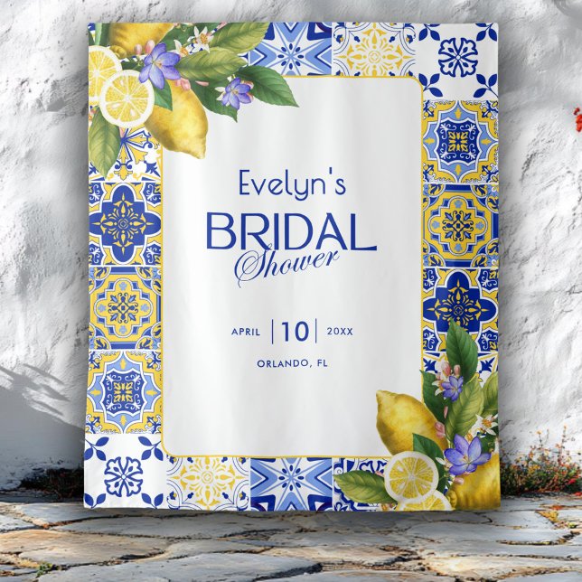 Tapete De Parede Italian Mosaic Blue Tile Lemons Bridal Shower (Criador carregado)