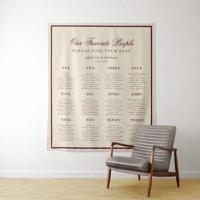 Tapete De Parede Ivory Burgundy Retro Wedding Seating Chart Sign (In Situ)