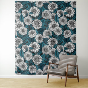Tapete De Parede Jardim branco Dahlia/ folhas azuis 2