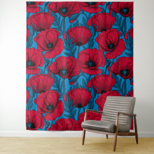 Tapete De Parede Jardim de papoila vermelho em azul