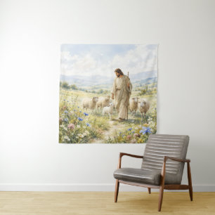 Tapete De Parede Jesus Bom Pastor Aquarela de Flores Silvestres