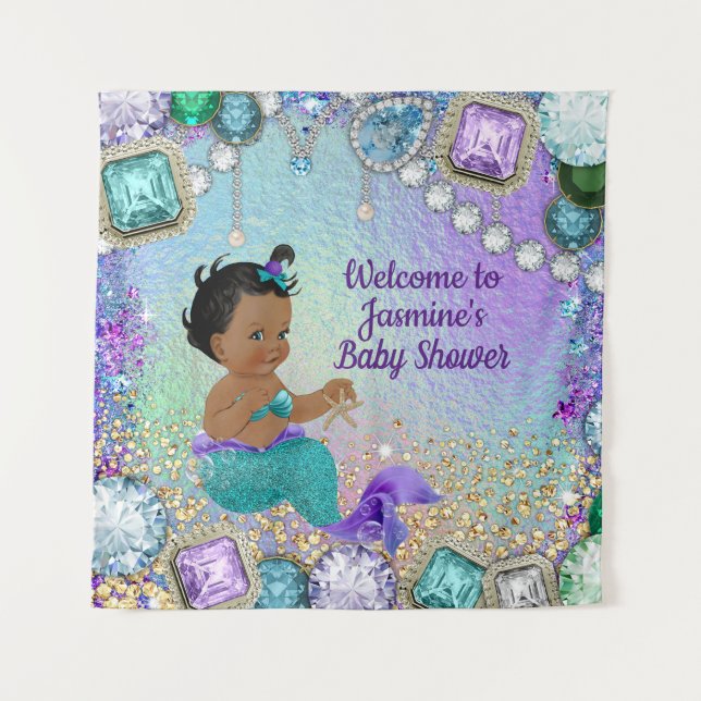 Tapete De Parede Jewel Mermaid Baby Shower Banners SQ (Frente)