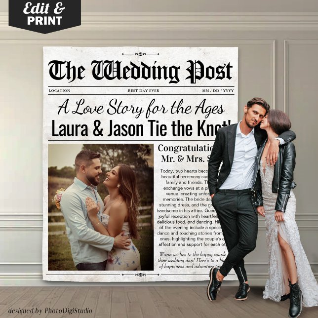 Tapete De Parede Jornal de Foto de Casamento Personalizado (Custom Wedding Backdrop Photo Wedding Newspaper)