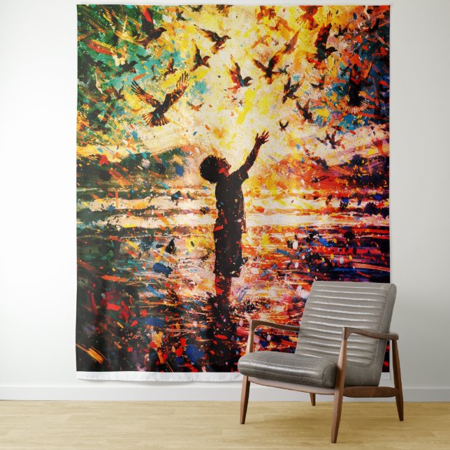 Tapete De Parede Joyful Child Playing with Birds Sunrise Water (In Situ)