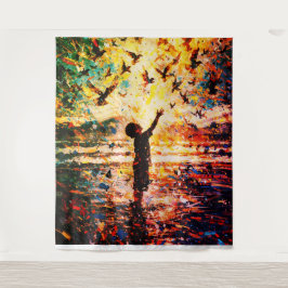 Tapete De Parede Joyful Child Playing with Birds Sunrise Water