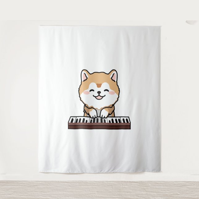 Tapete De Parede Kawaii Cute Dog Tocando Teclado Piano (Frente)
