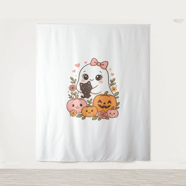 Tapete De Parede Kawaii Ghost Halloween Black Pumpkin Fall Spot (Frente)
