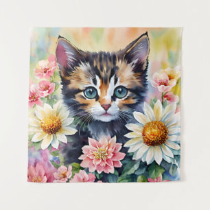 Tapete De Parede Kitten Daisy Flowers Watercolor Art