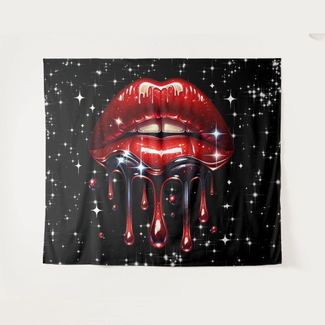 Tapete De Parede Lábios Vermelhos Gotejando Brilho Glamour Faísca (Frente (Horizontal))