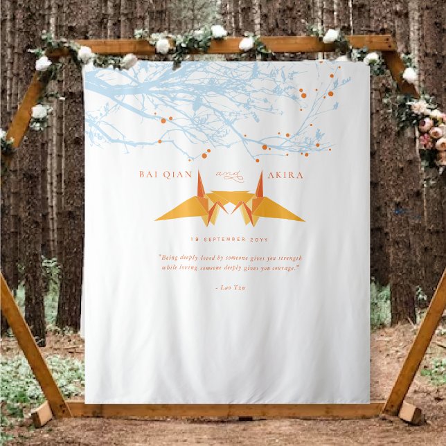 Tapete De Parede Laranja Origami Paper Gruas Foto De Casamento (Orange Origami Paper Cranes & Branches Asian Wedding Photo Backdrop Tapestry @ fatfatin_red_knot)