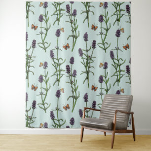 Tapete De Parede Lavandas e borboletas no vidro marinho