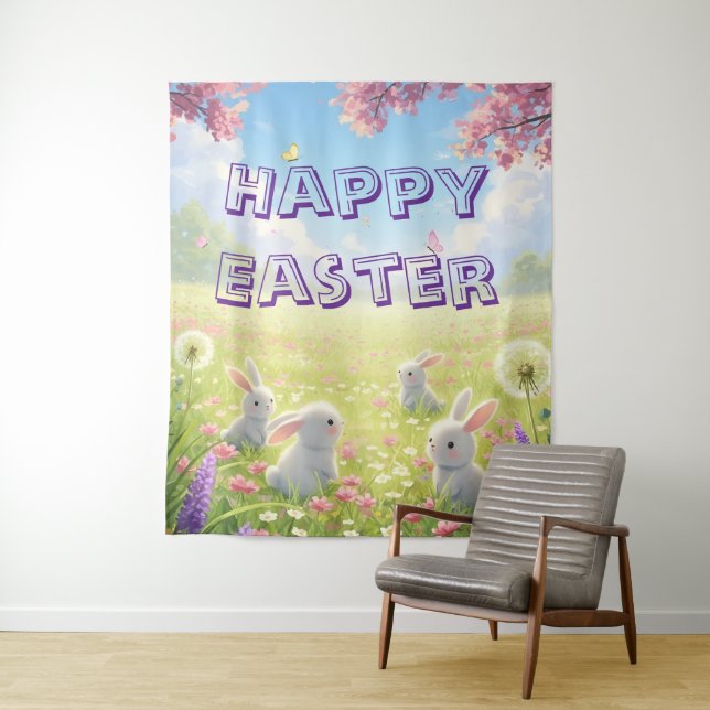 Tapete De Parede Lavender Easter Cute White Bunny Floral Spring  (In Situ)