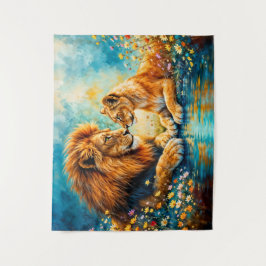 Tapete De Parede Leão ouro Flores silvestres coloridas