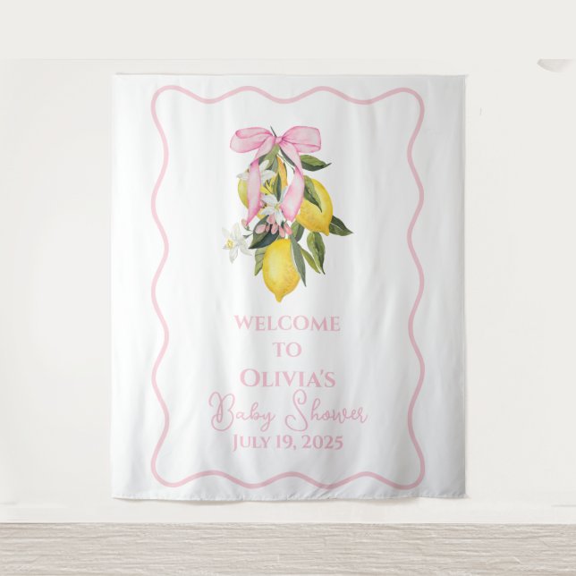 Tapete De Parede Lemon Pink Bow preppy Coquette Baby Shower welcome (Frente)