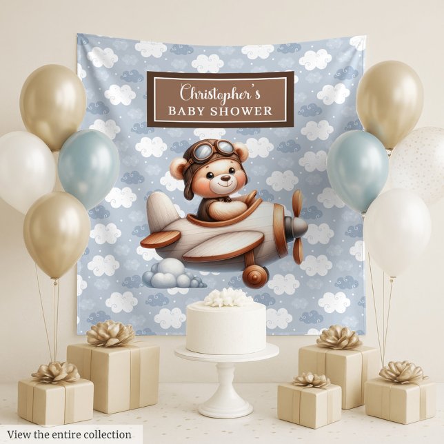 Tapete De Parede Letreiro de foto para chá de bebê com urso de pelú (Bright teddy bear pilot baby shower photo sign Tapestry )