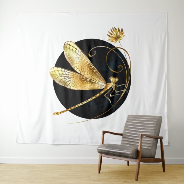 Tapete De Parede libélula ouro em círculo preto (In Situ (Horizontal))