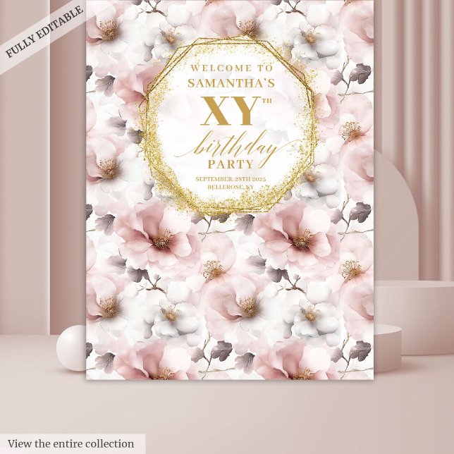 Tapete De Parede Linda Dusty Foto de Aniversário Floral Rosa Booth (Lovely Dusty Pink Floral Birthday Photo Booth Tapestry )